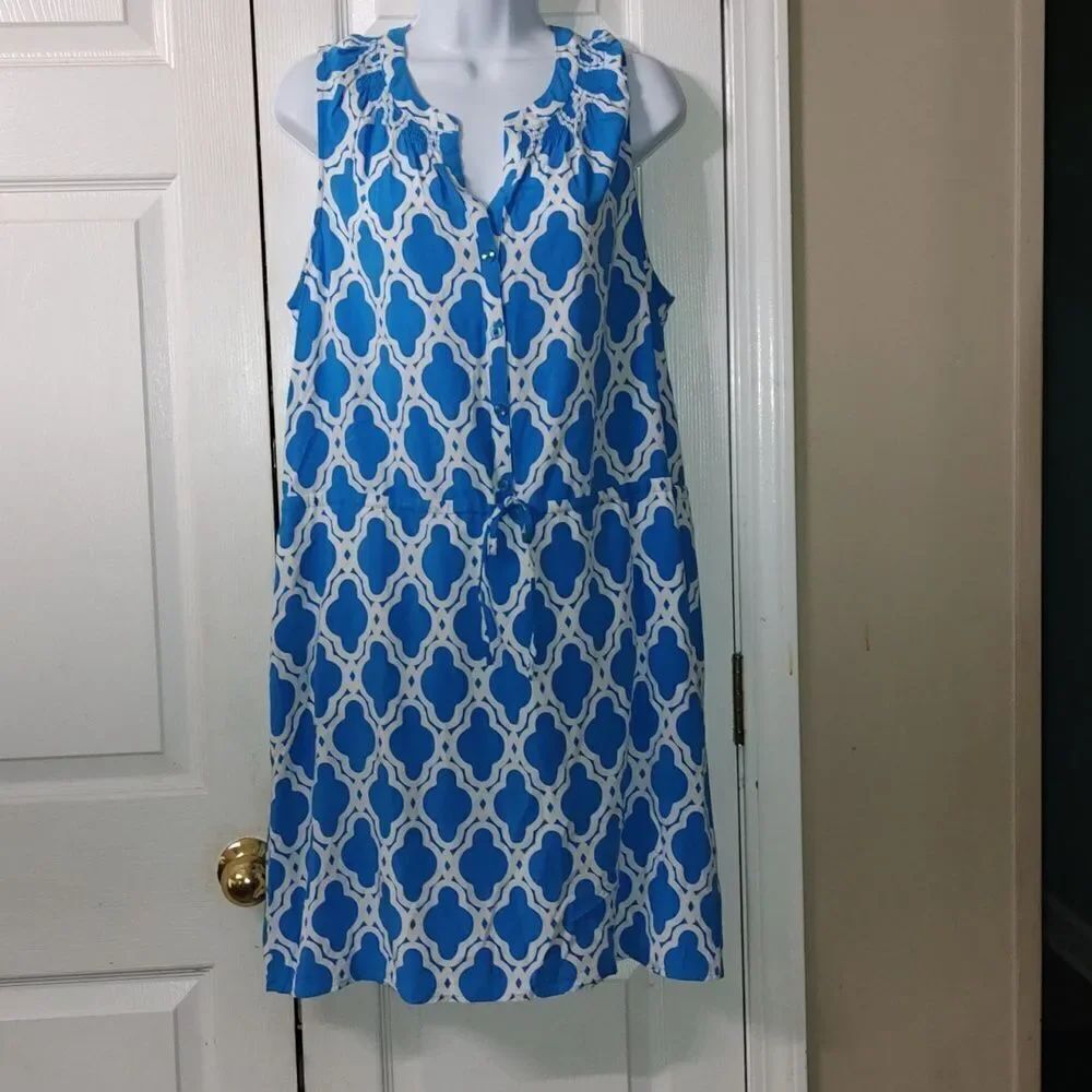 Crown and Ivy turquois blue and white elastic drawstring waist dress Sz 16 NWOT